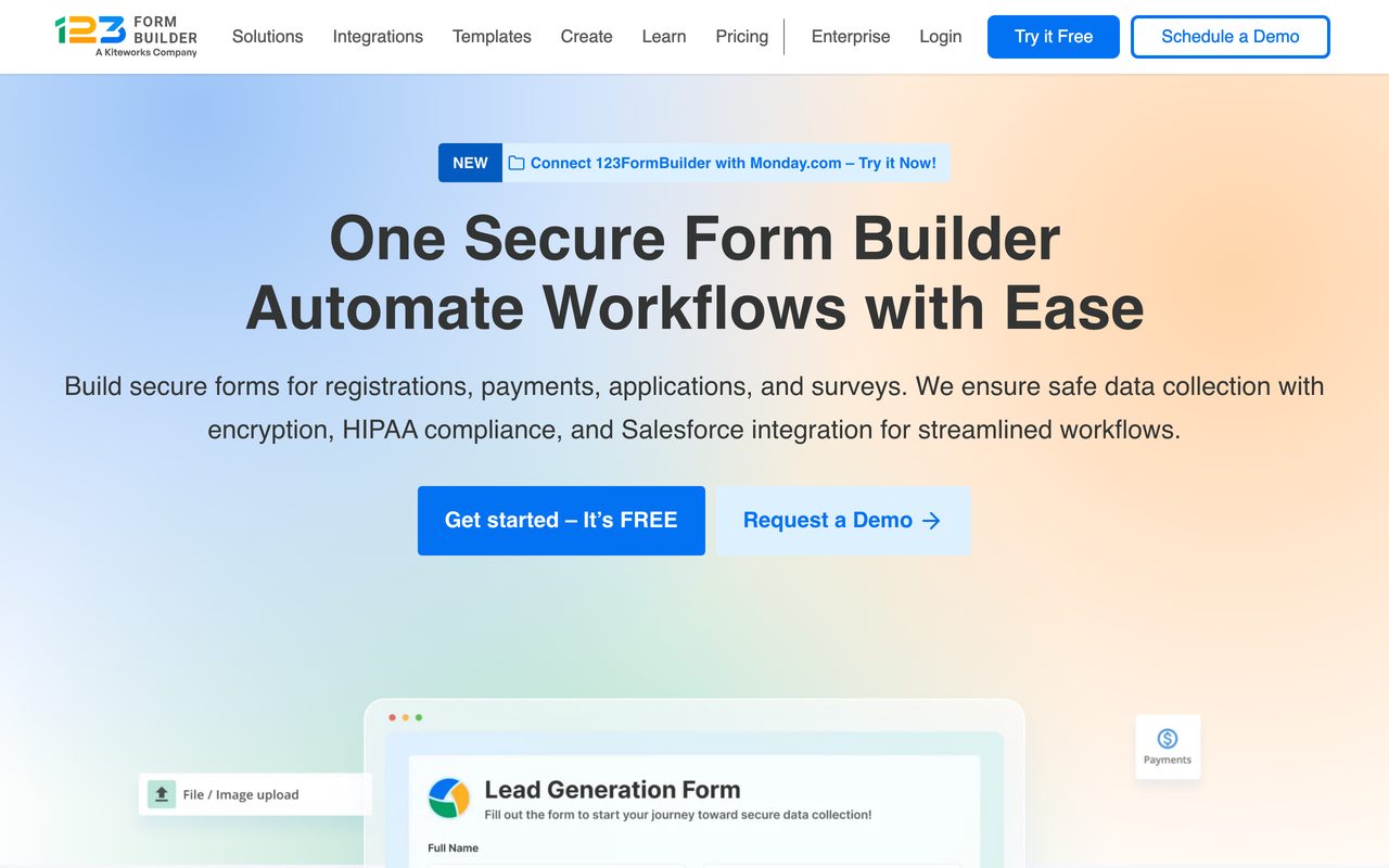 123FormBuilder builder screenshot — drag-and-drop editor with a field panel and live form preview