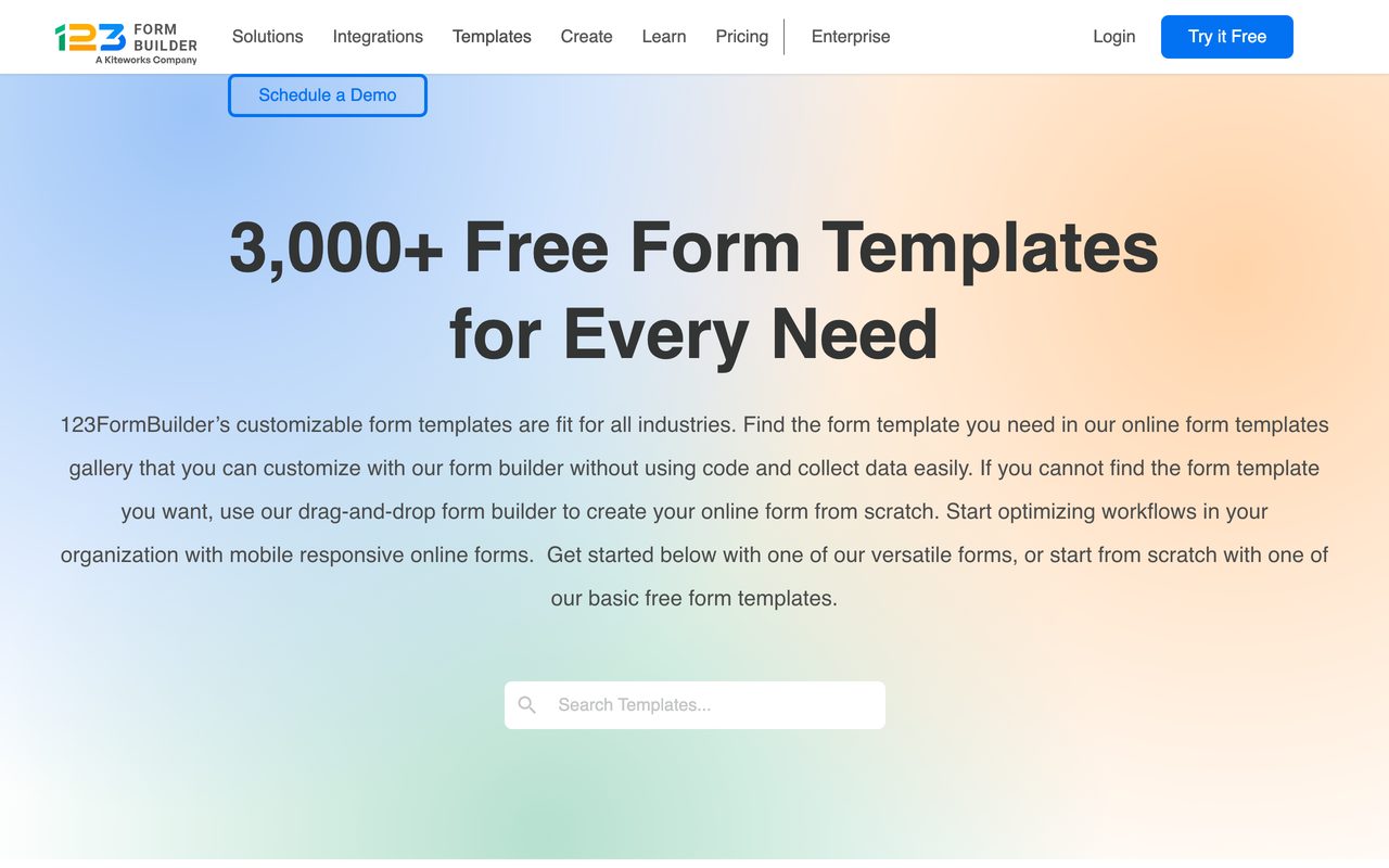 123FormBuilder product screenshot — multi-language settings with a language switcher on a live form