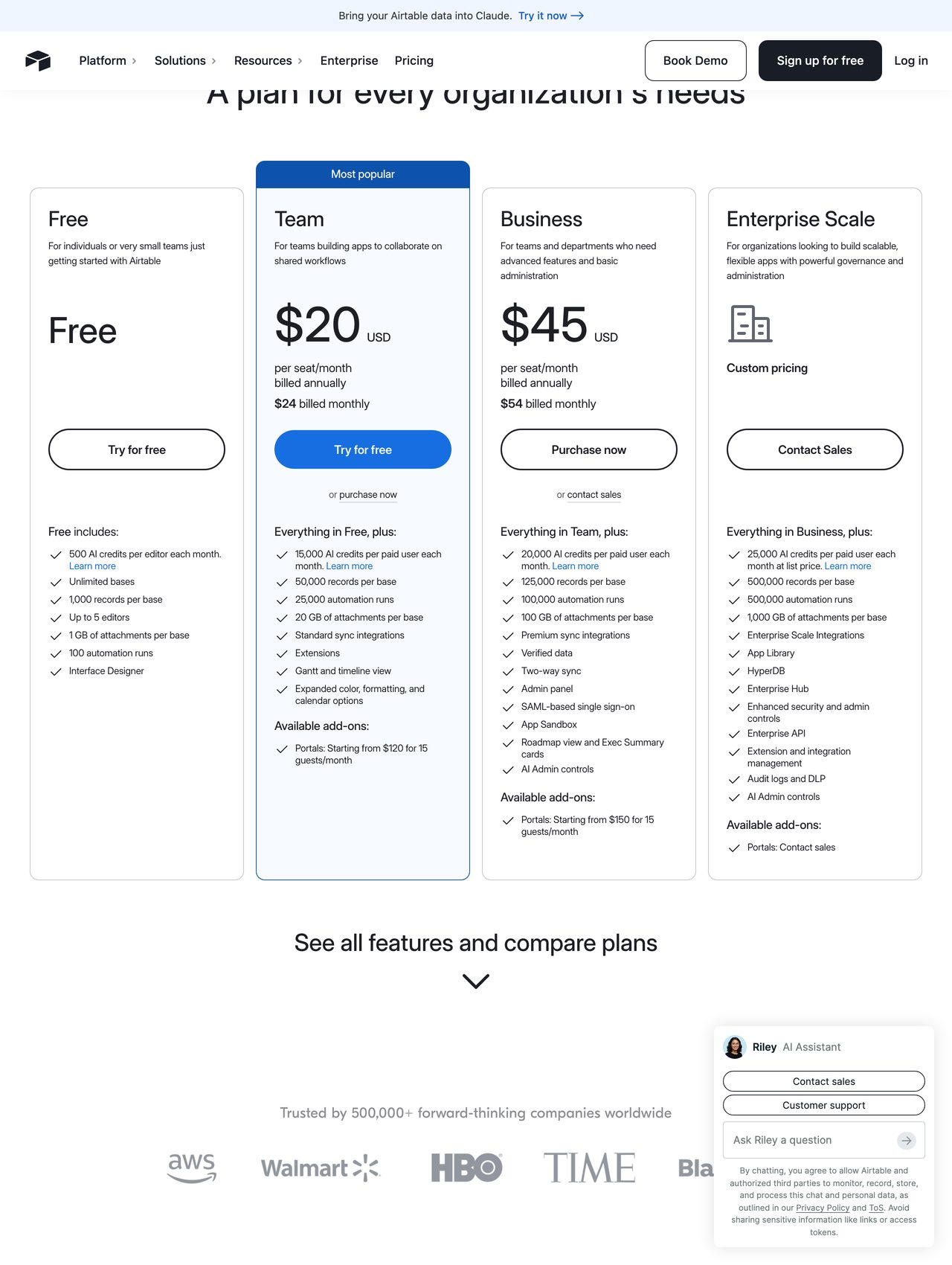 Airtable Forms pricing screenshot — free plan alongside Team and Business tiers