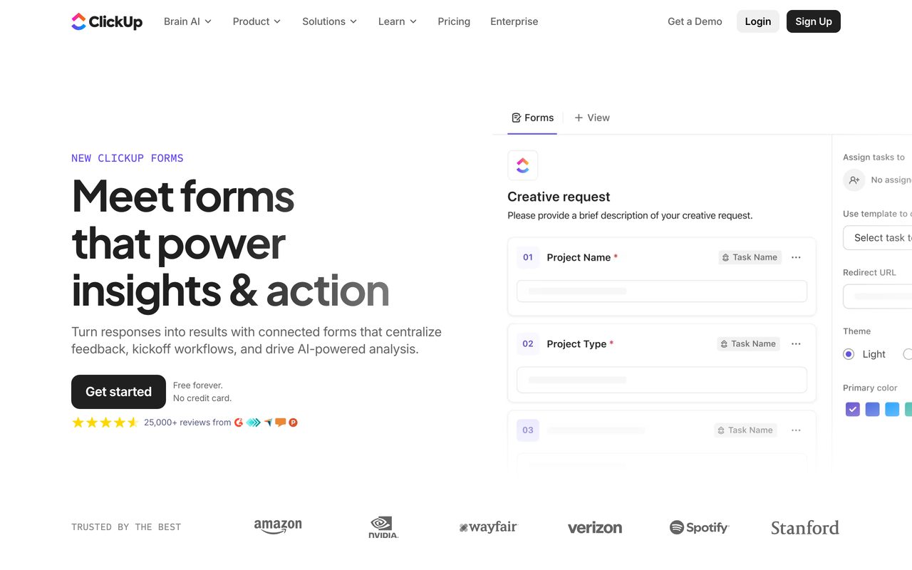 ClickUp Forms builder screenshot — form editor attached to a ClickUp list