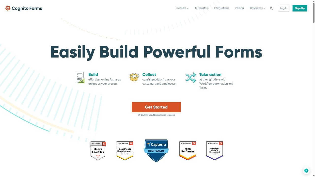 Cognito Forms builder screenshot — order form with repeating line items and a live total