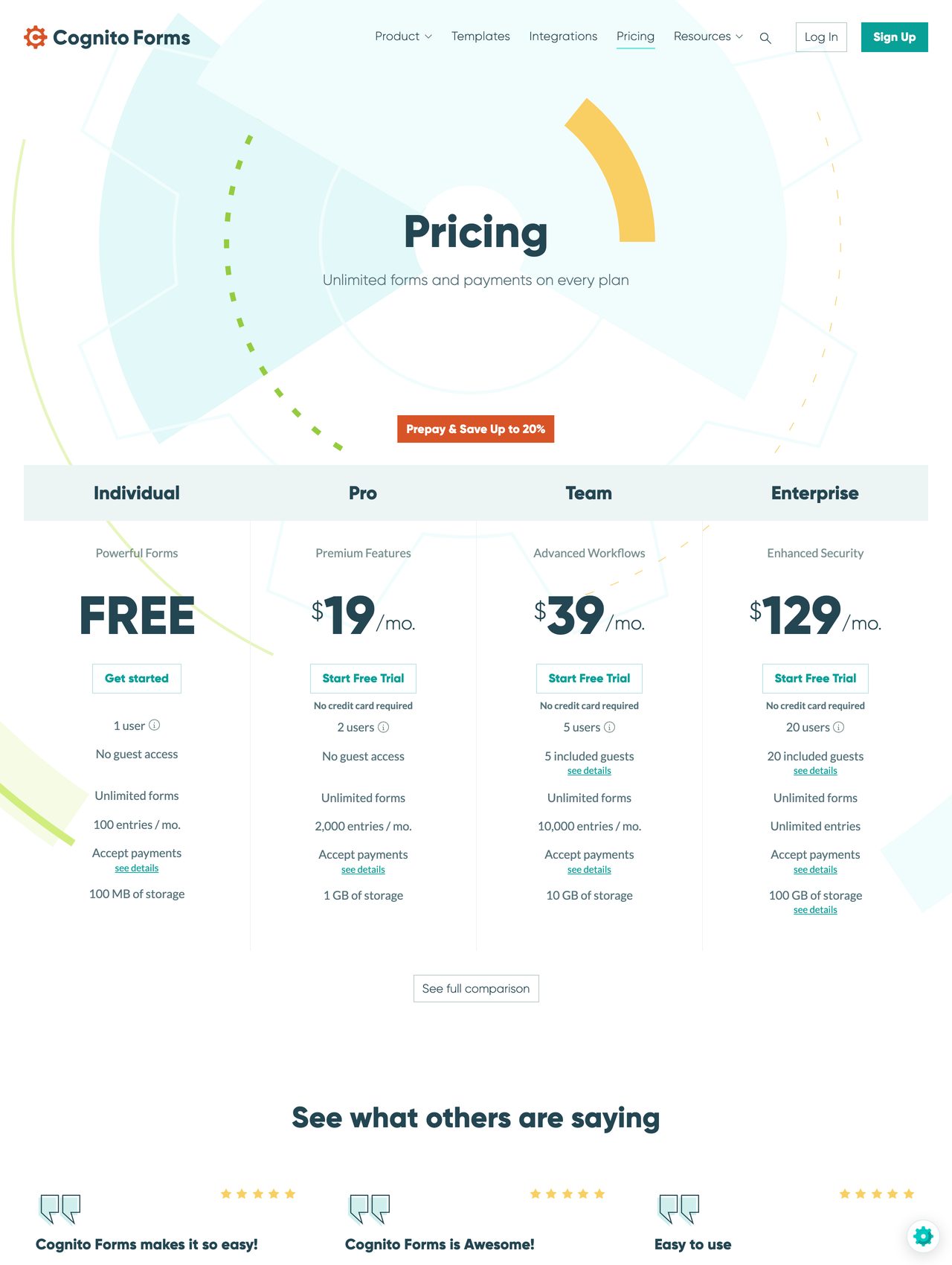 Cognito Forms pricing screenshot — free plan with 100 entries per month and paid tiers