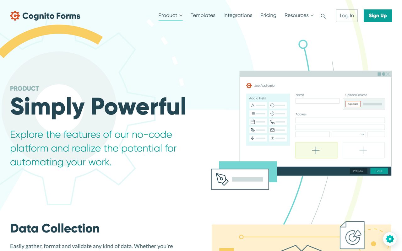 Cognito Forms product screenshot — the product page showing its no-code form builder
