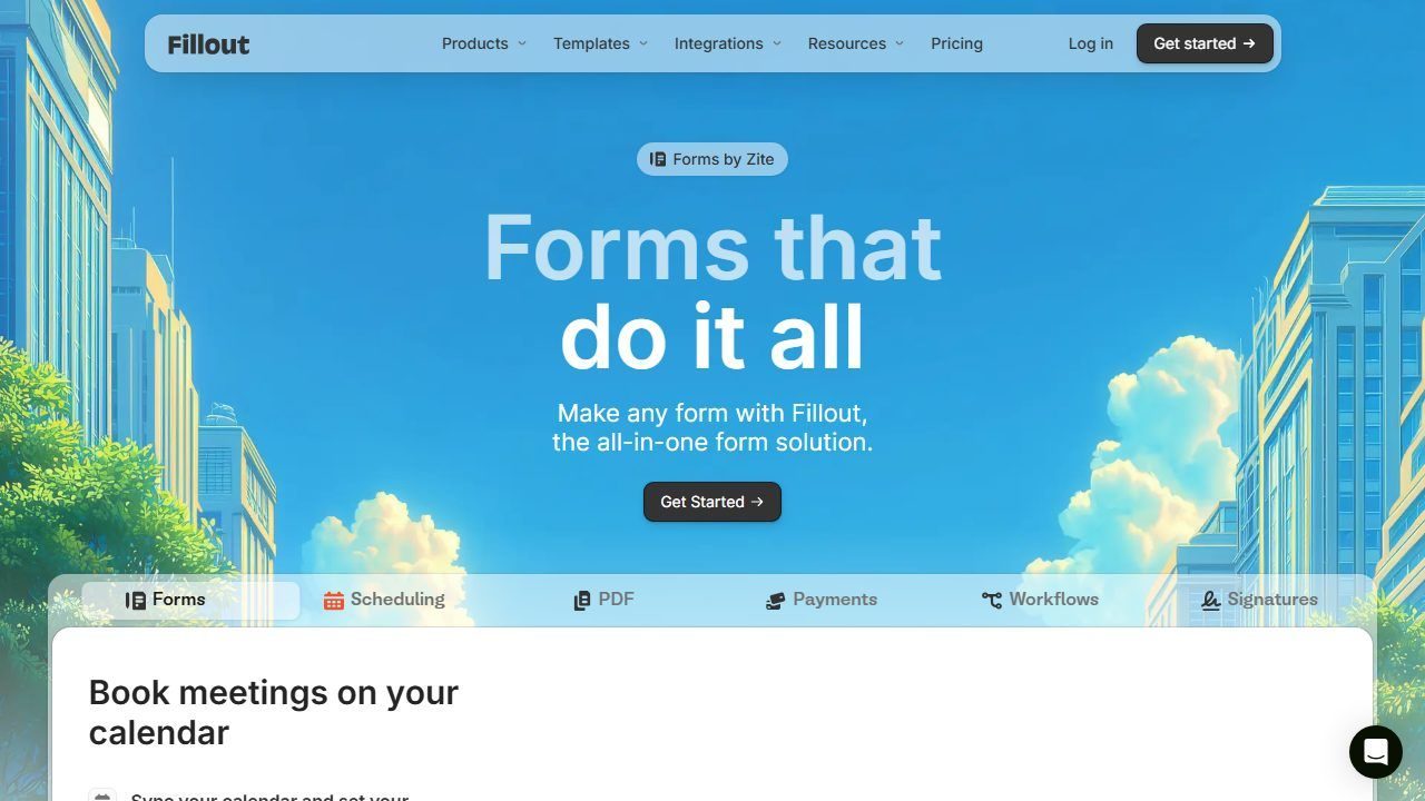 Fillout builder screenshot — modern form editor with a clean side panel and live preview