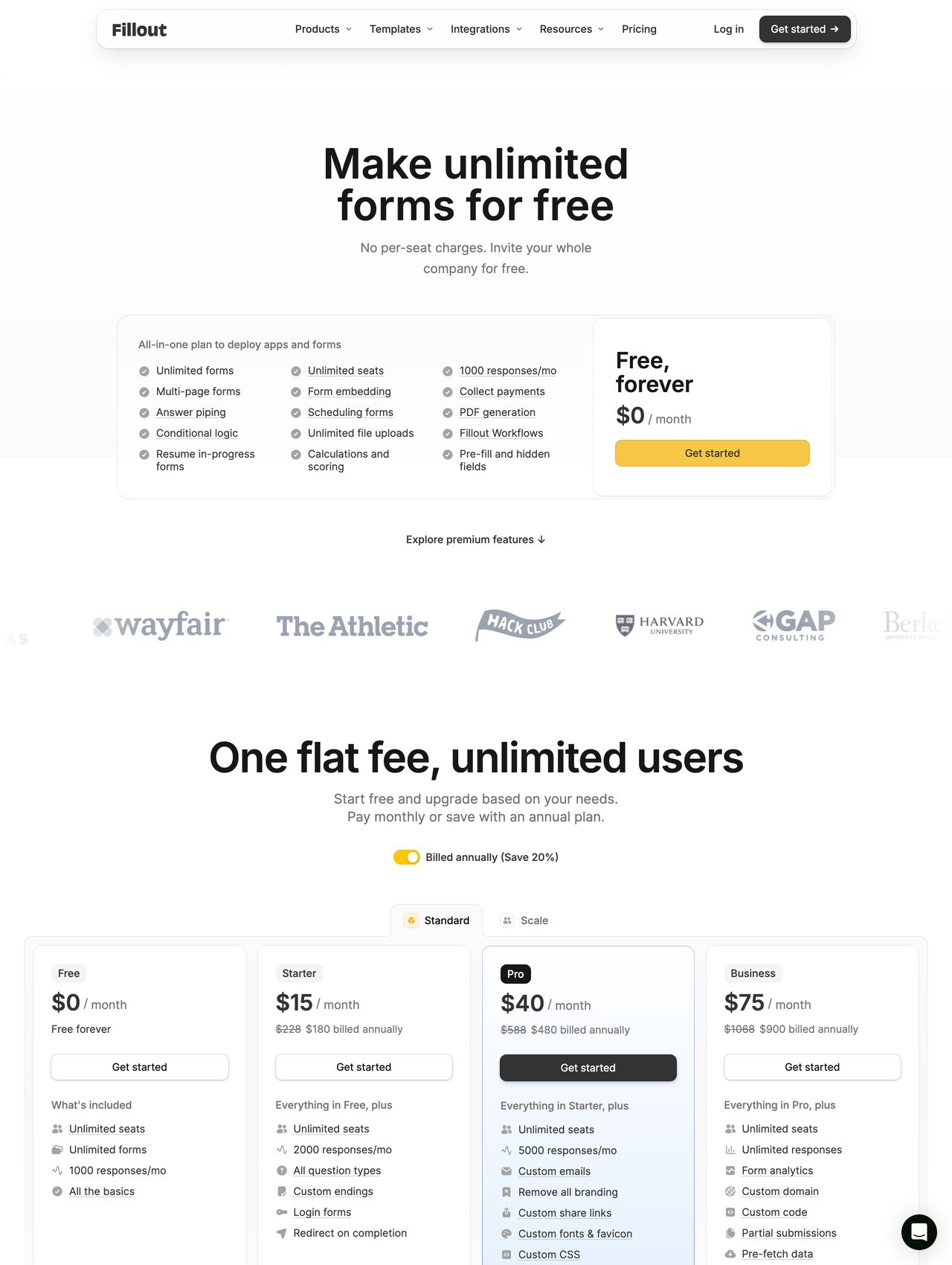 Fillout pricing screenshot — Free plan with 1,000 responses per month alongside paid tiers