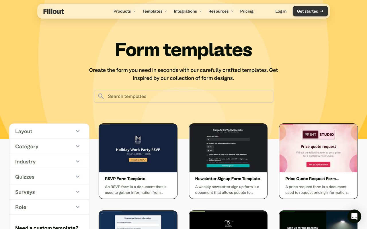 Fillout product screenshot — the form template gallery