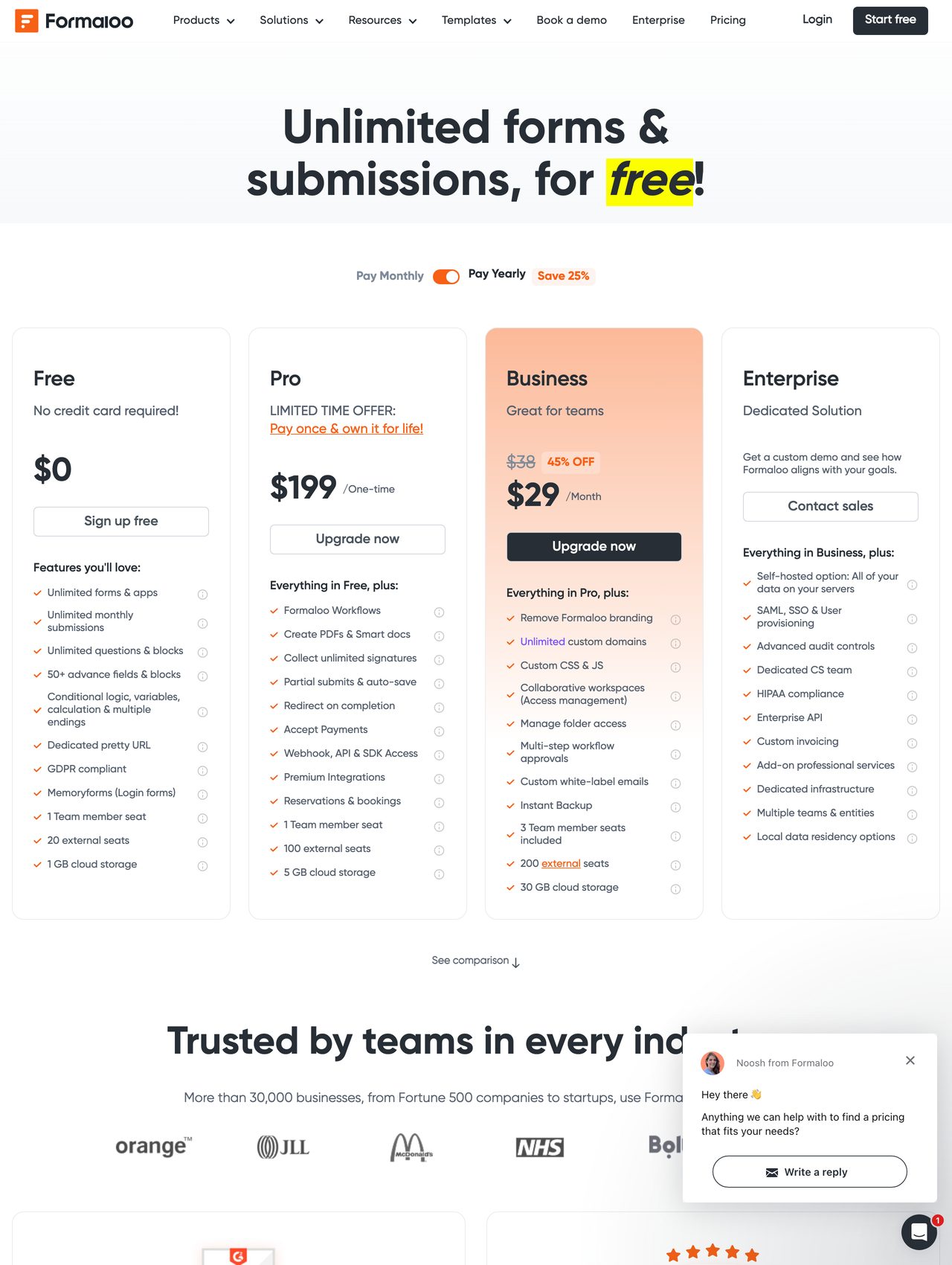 Formaloo pricing screenshot — free plan alongside Pro, Business and Growth tiers