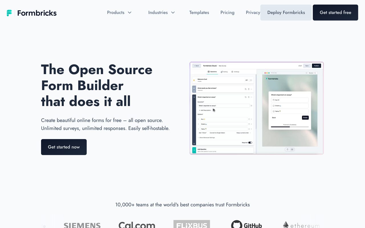 Formbricks builder screenshot — open-source survey editor with question types and logic
