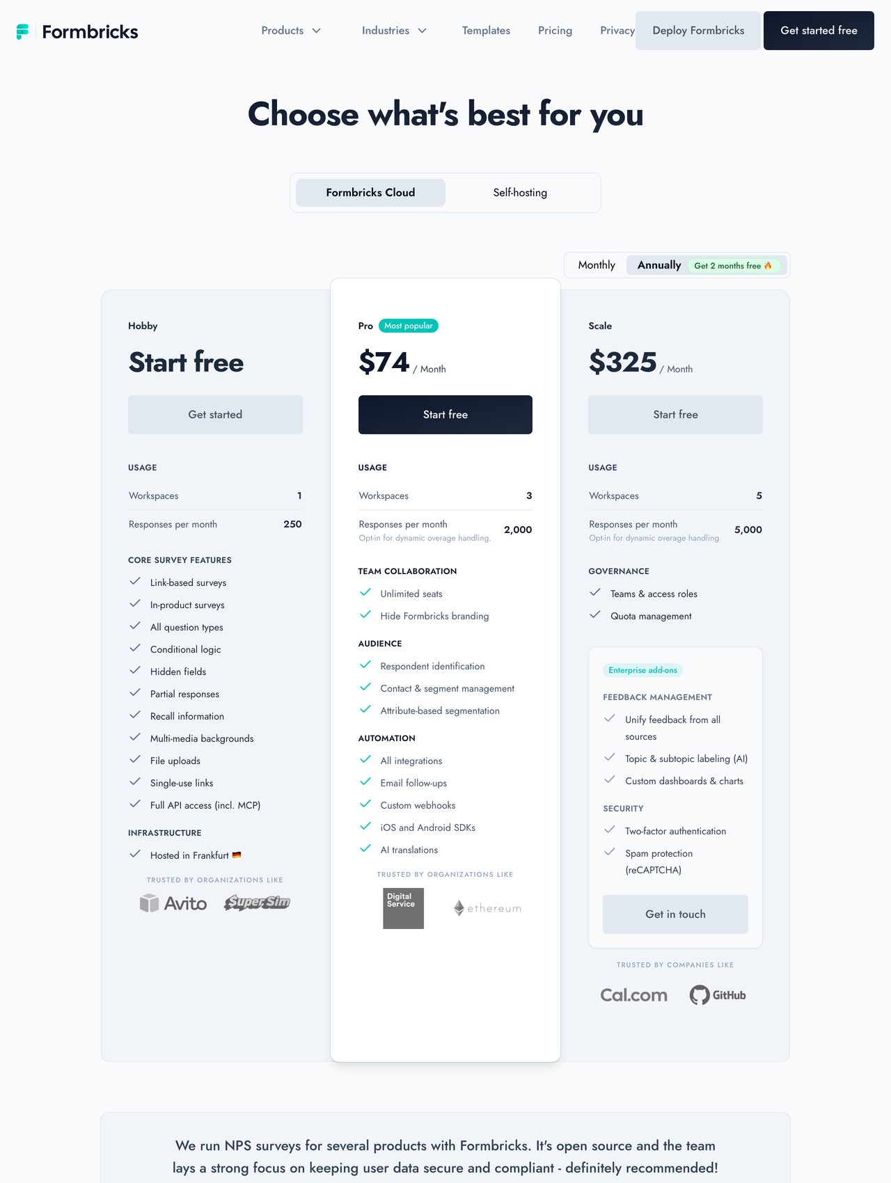 Formbricks pricing screenshot — free self-hosted and cloud tiers alongside paid plans