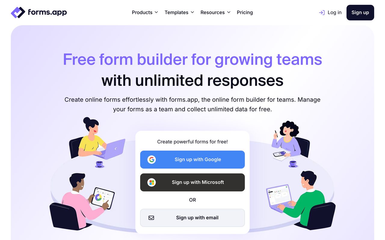 forms.app builder screenshot — drag-and-drop editor with step view and field library