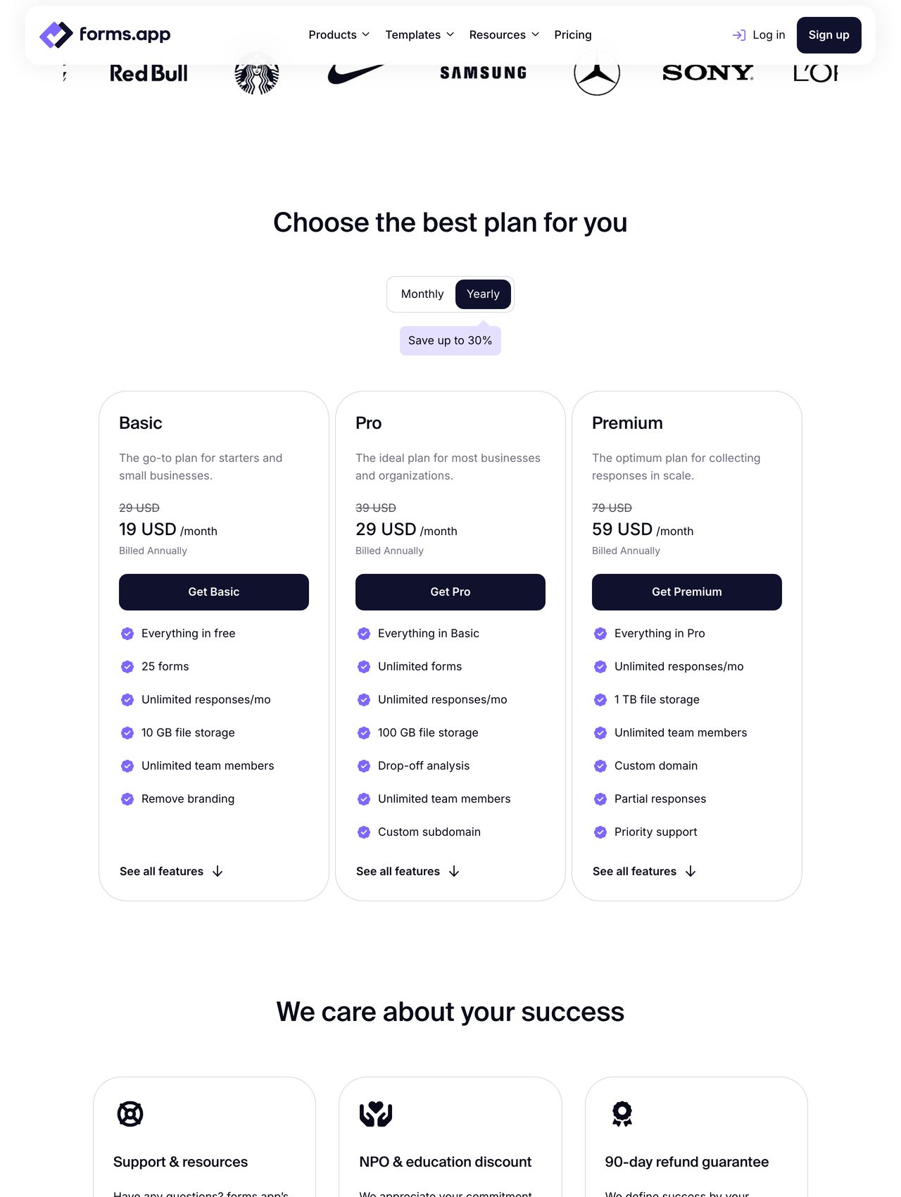 forms.app pricing screenshot — free plan with unlimited responses beside Basic, Pro and Premium tiers