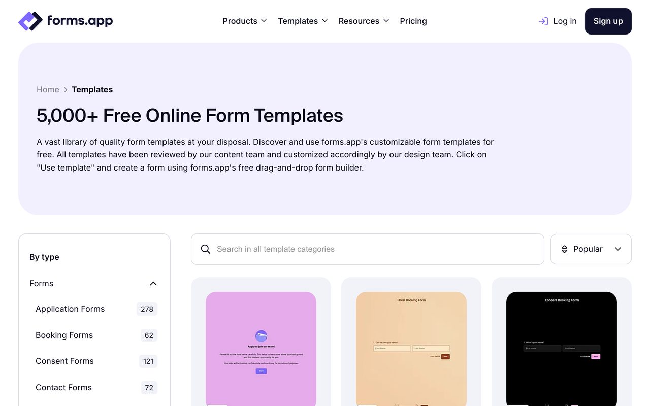forms.app product screenshot — the free template gallery with 5,000+ ready-made forms
