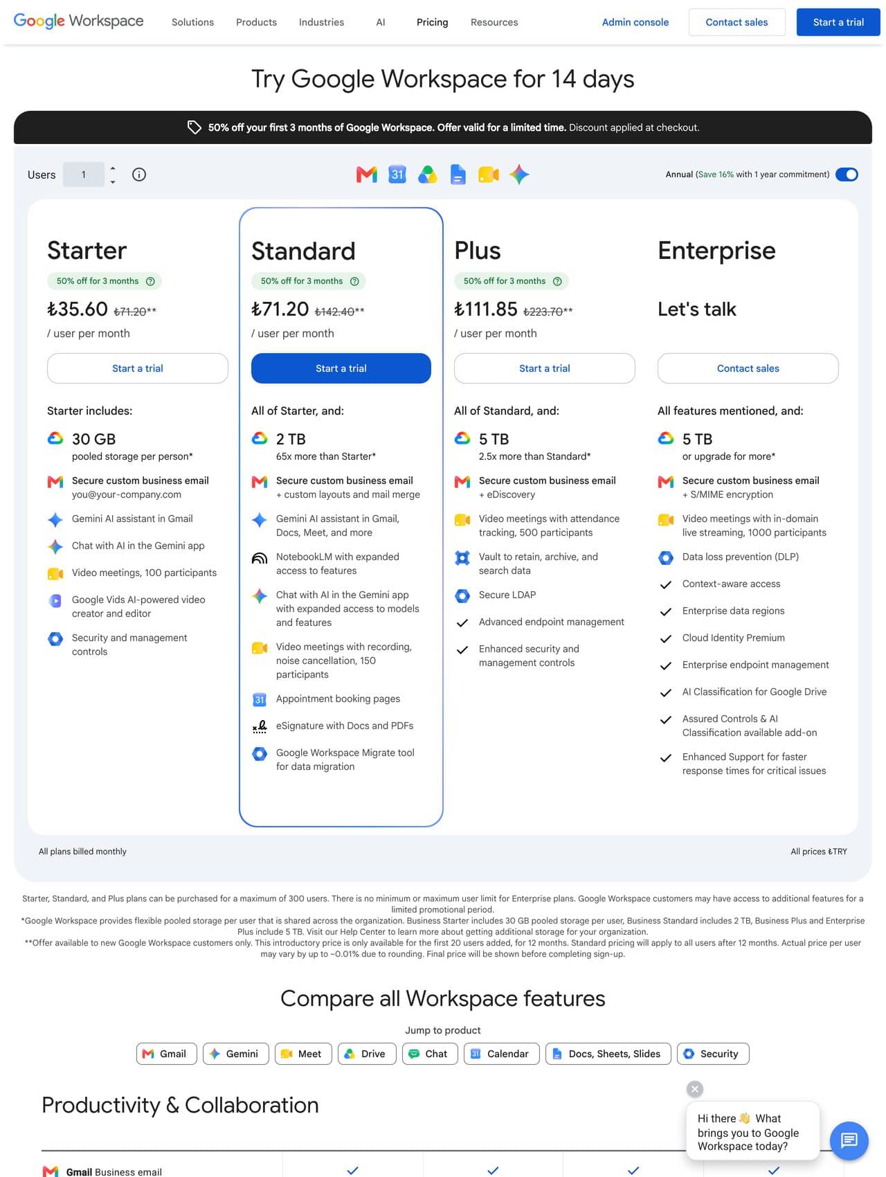 Google Workspace pricing screenshot — paid tiers that each include Google Forms