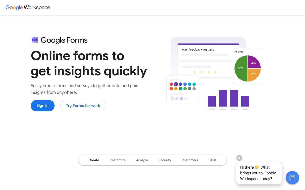 Google Forms product screenshot — the product page highlighting built-in response charts