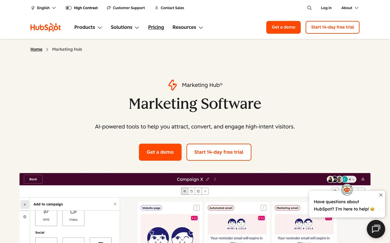 HubSpot Forms builder screenshot — drag-and-drop editor mapping fields to CRM contact properties