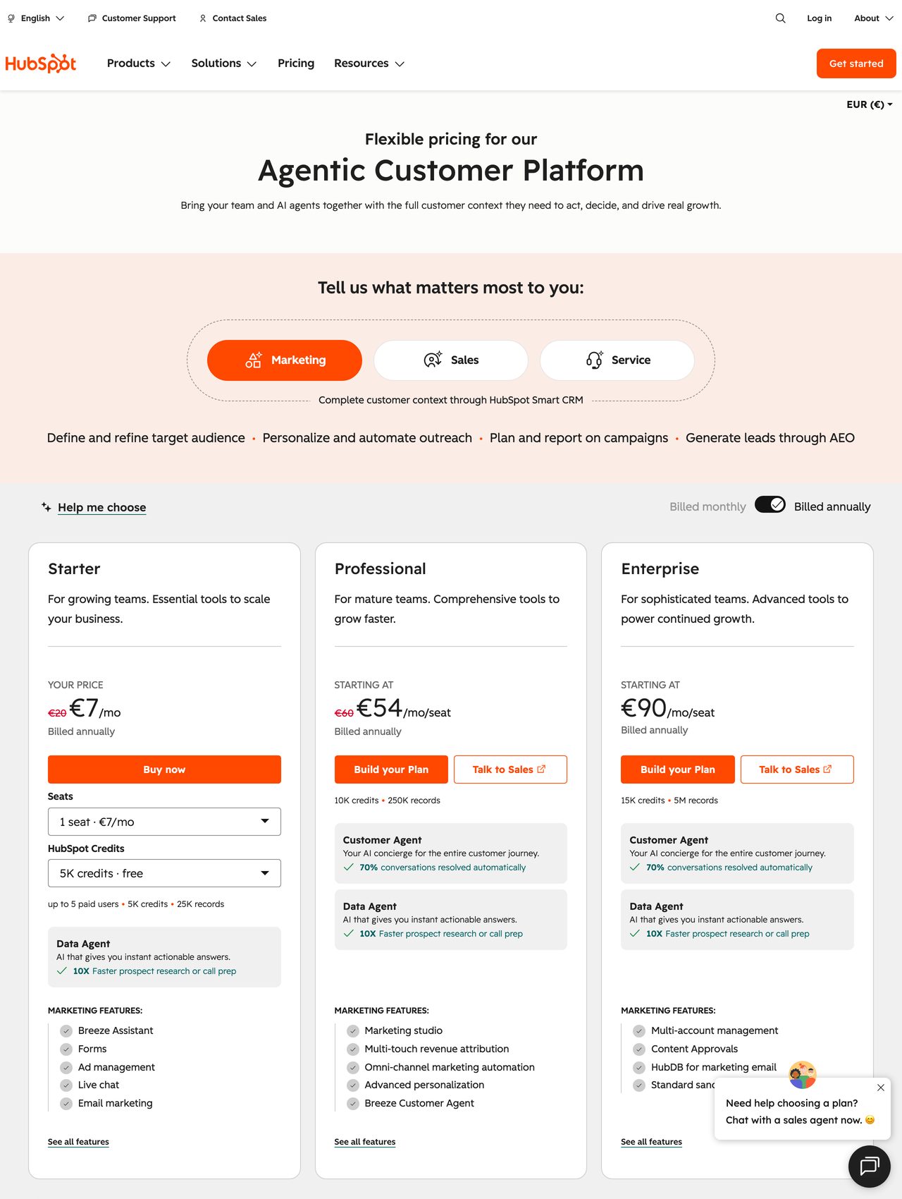 HubSpot Forms pricing screenshot — free CRM plan alongside Marketing Hub Starter and Professional