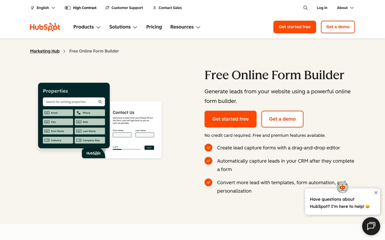 HubSpot Forms product screenshot — a submission appearing as a new contact record in the CRM