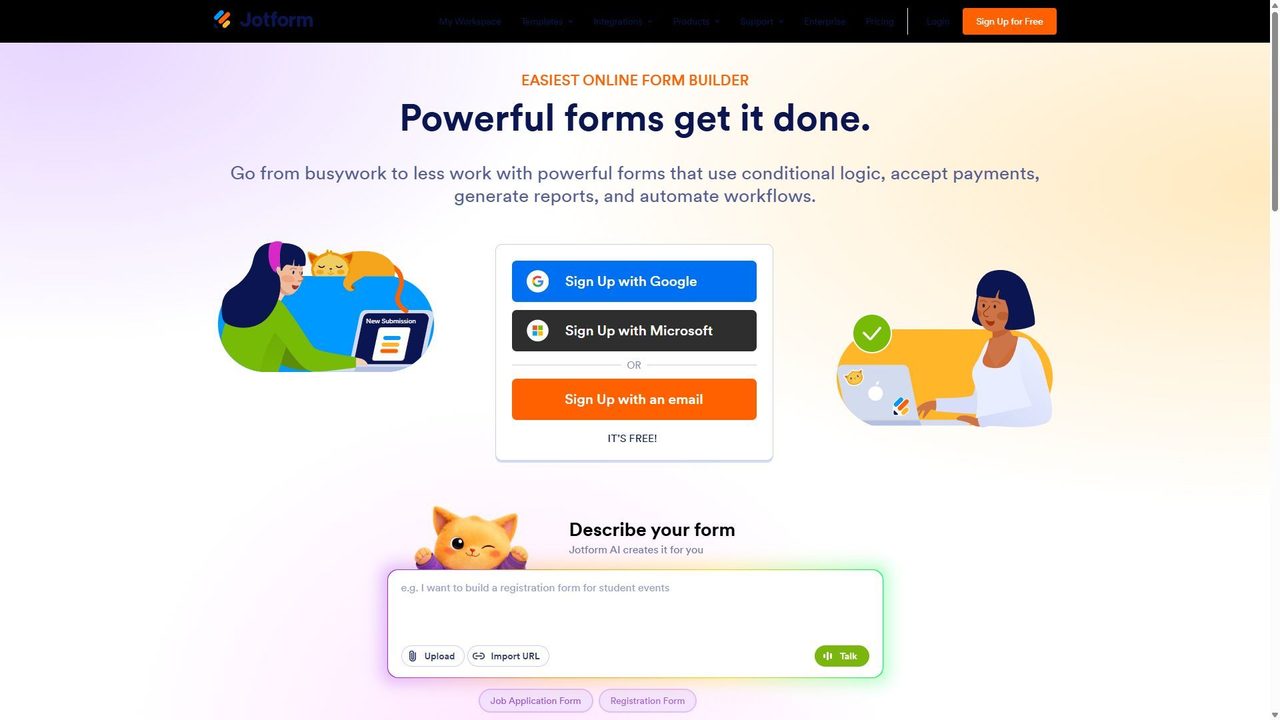 Jotform builder screenshot — drag-and-drop editor with the field and widget sidebar open