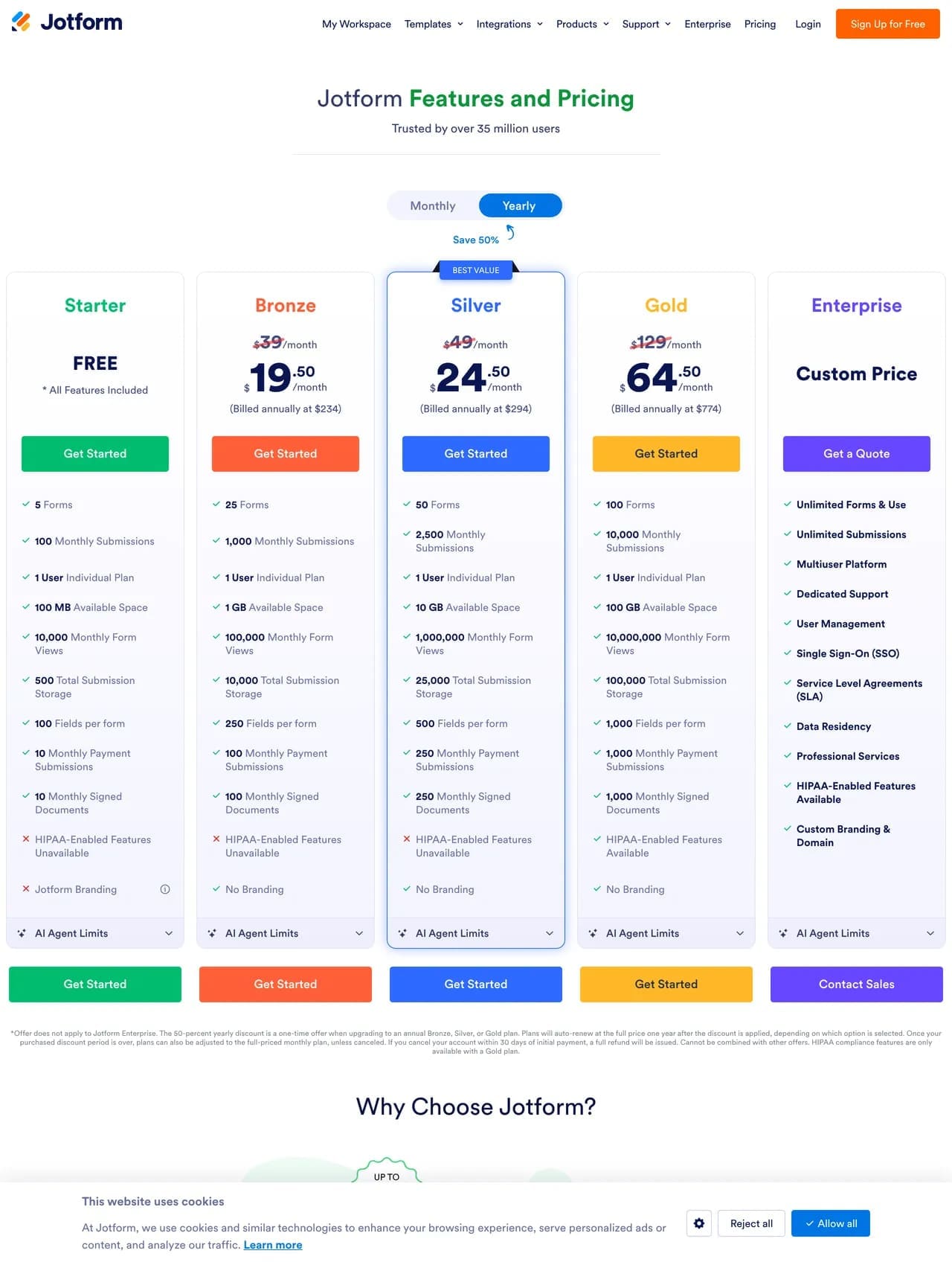 Jotform pricing screenshot — Starter, Bronze, Silver and Gold plans with form and submission limits