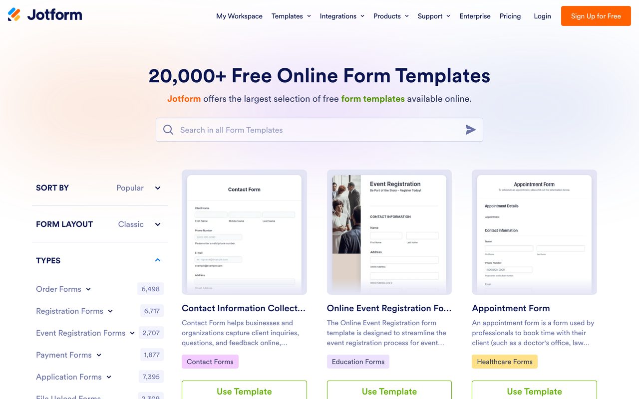 Jotform product screenshot — template library with thousands of ready-made form categories