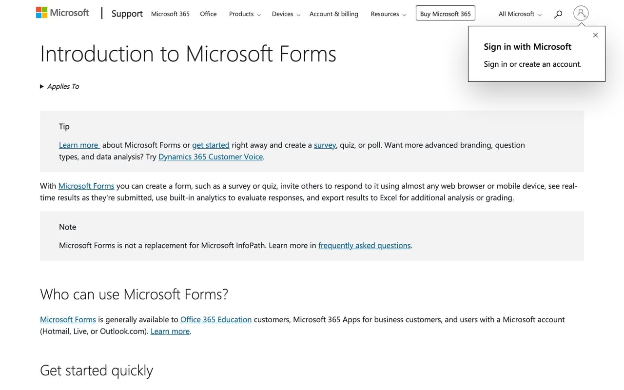 Microsoft Forms home screenshot — Microsoft's Introduction to Microsoft Forms support page