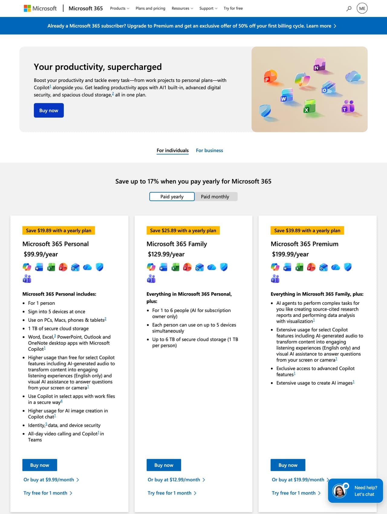 Microsoft 365 pricing screenshot — the compare products page where Forms is bundled, not priced on its own