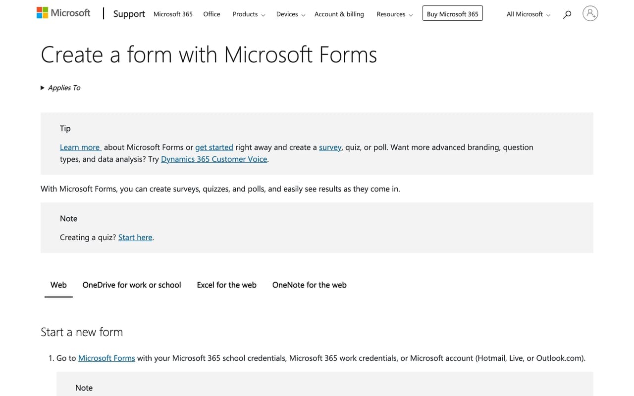 Microsoft Forms product screenshot — Microsoft's official 'Create a form' support guide