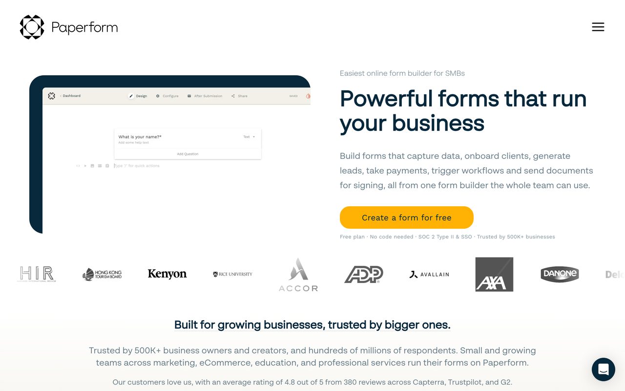 Paperform builder screenshot — the page-style canvas blending text, images, and form fields