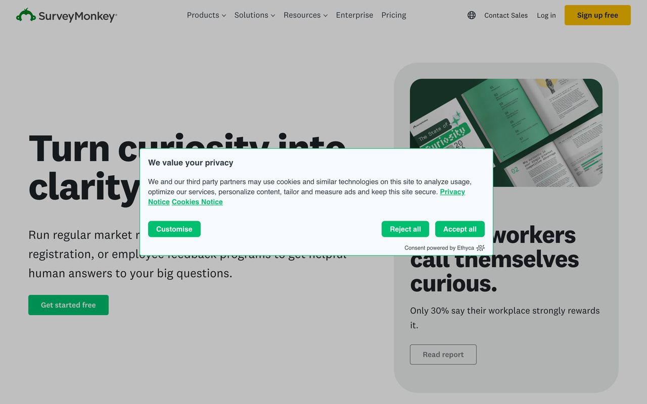SurveyMonkey builder screenshot — survey editor with methodologist-built question bank
