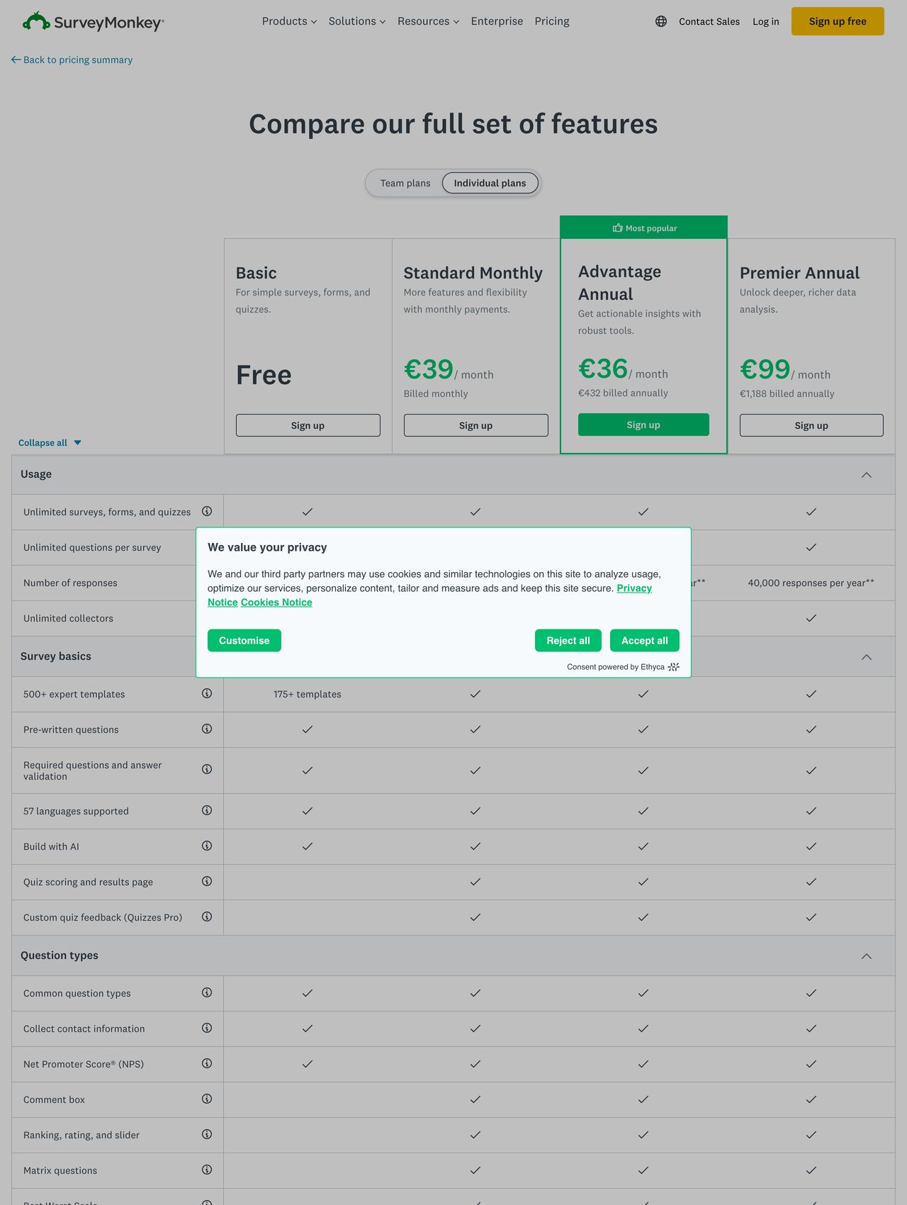 SurveyMonkey pricing screenshot — free plan alongside Team and Advantage tiers