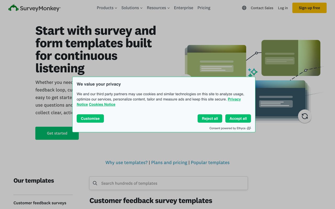 SurveyMonkey product screenshot — analytics dashboard with cross-tabulation and NPS benchmarking