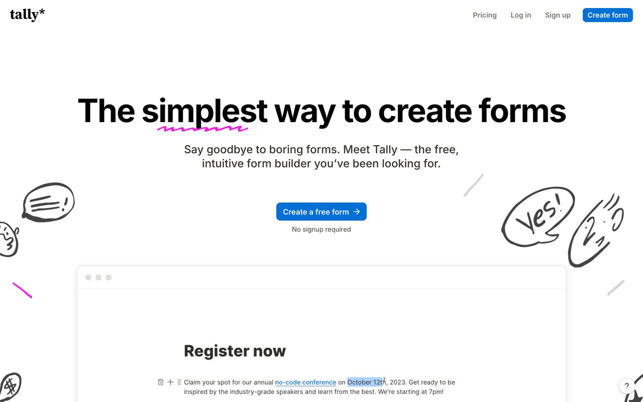 Tally builder screenshot — Notion-style block editor for creating a form