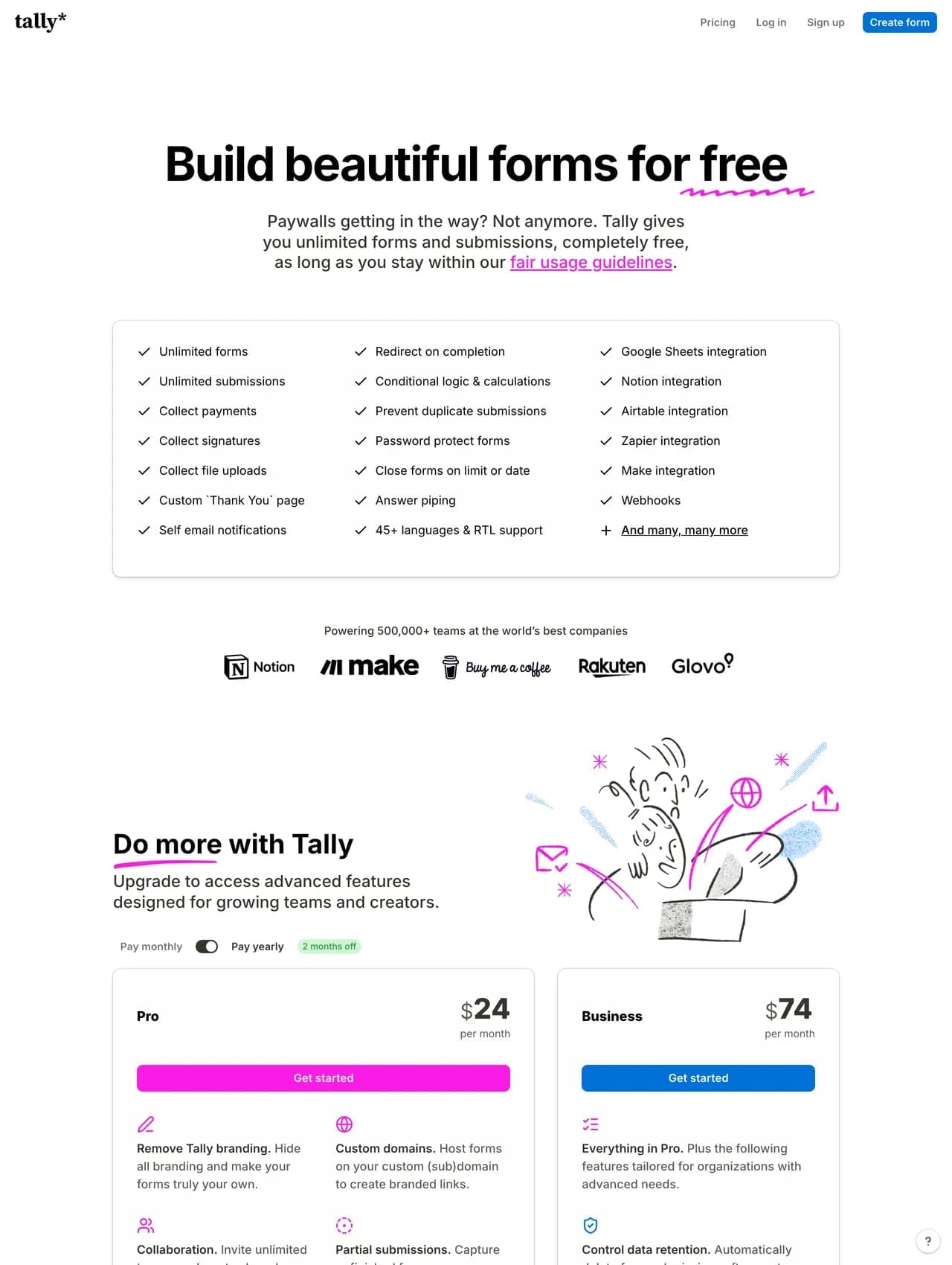 Tally pricing screenshot — free plan alongside Pro and Business tiers