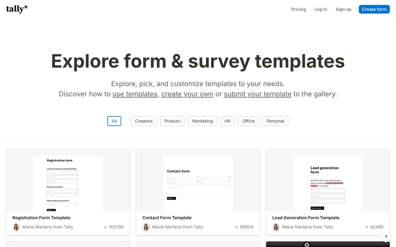 Tally product screenshot — the form and survey template gallery