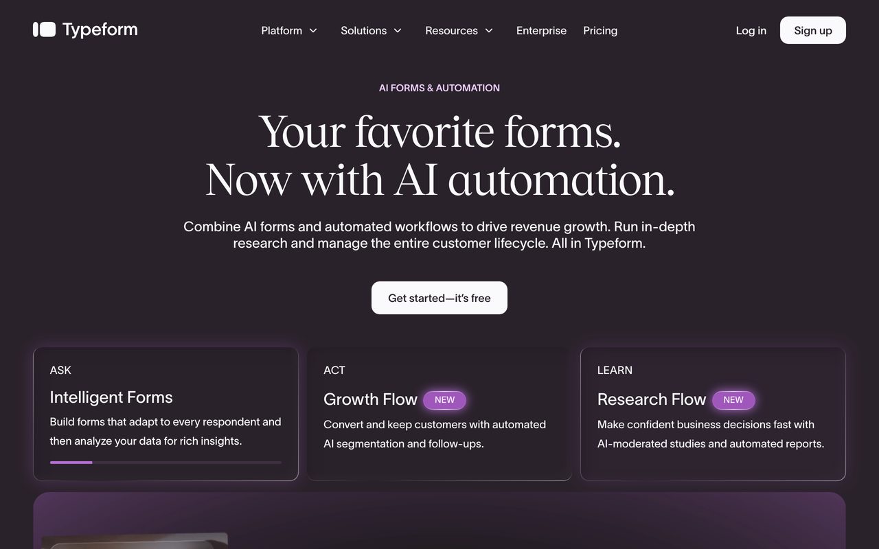 Typeform builder screenshot — one-question-at-a-time editor with a full-screen question