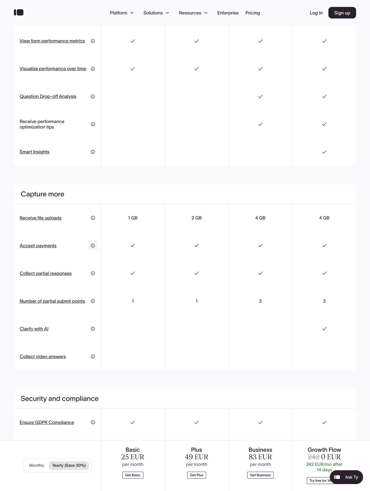 Typeform pricing screenshot — free plan beside Basic, Plus, and Business tiers