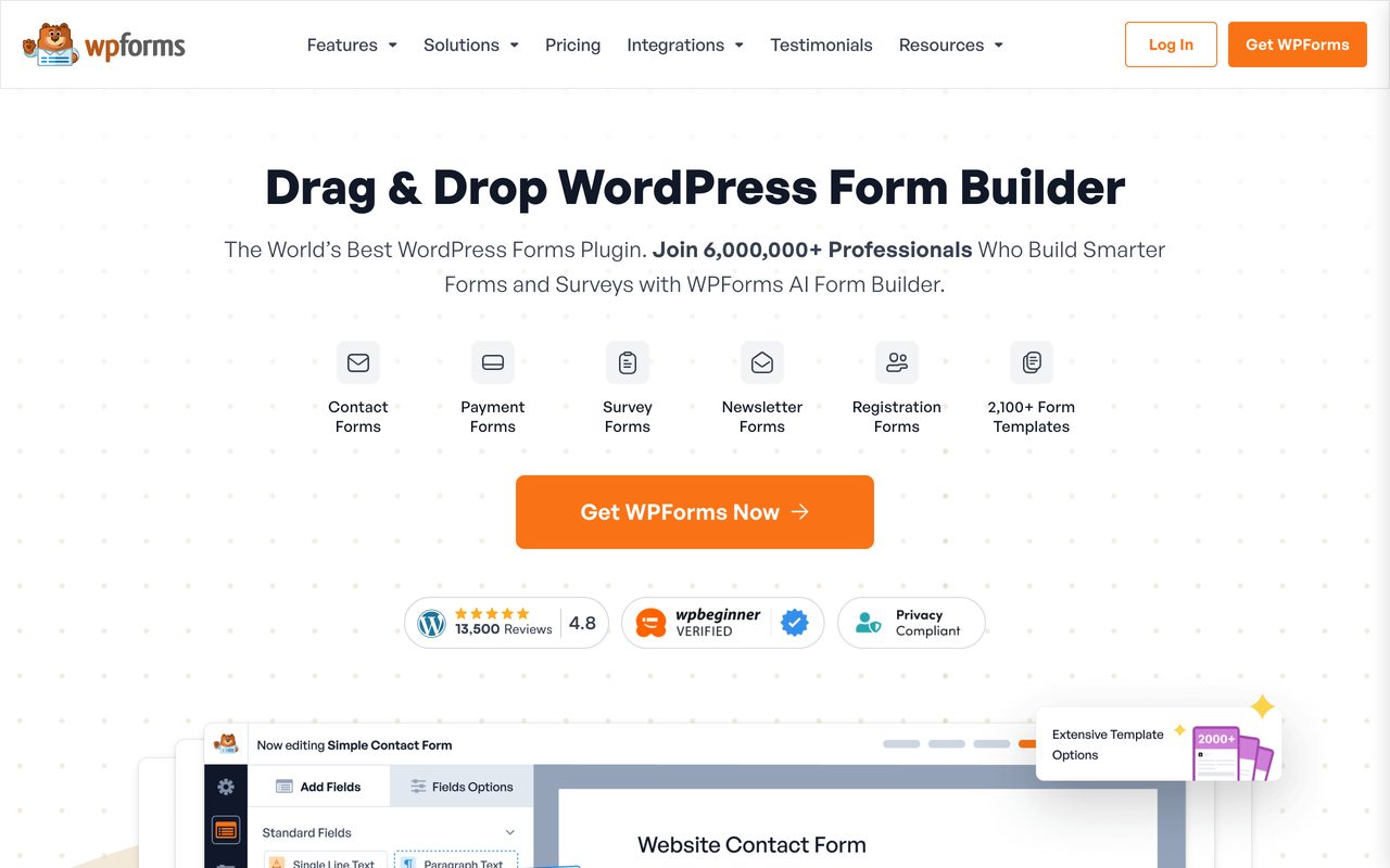 WPForms builder screenshot — drag-and-drop form editor inside the WordPress dashboard