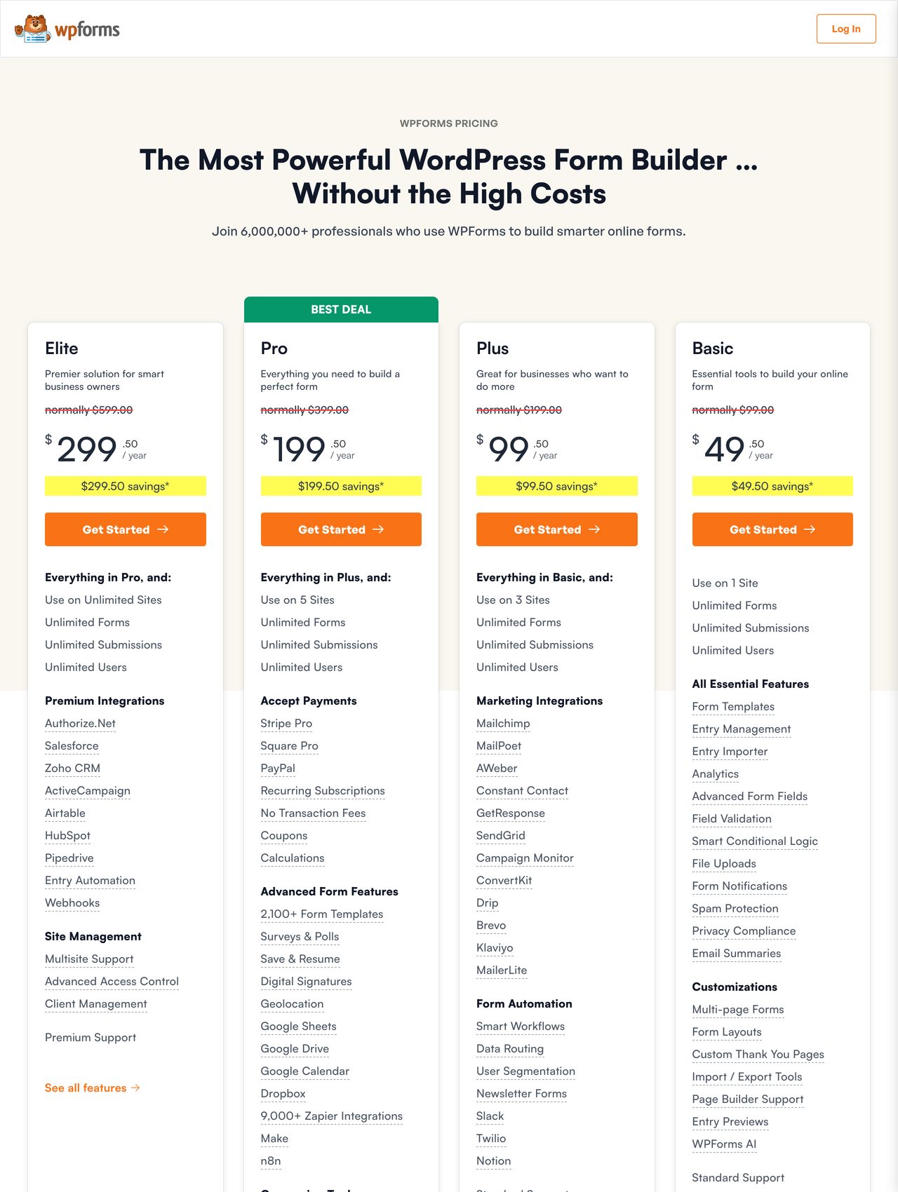 WPForms pricing screenshot — free Lite plan alongside Basic, Plus, Pro, and Elite annual licenses
