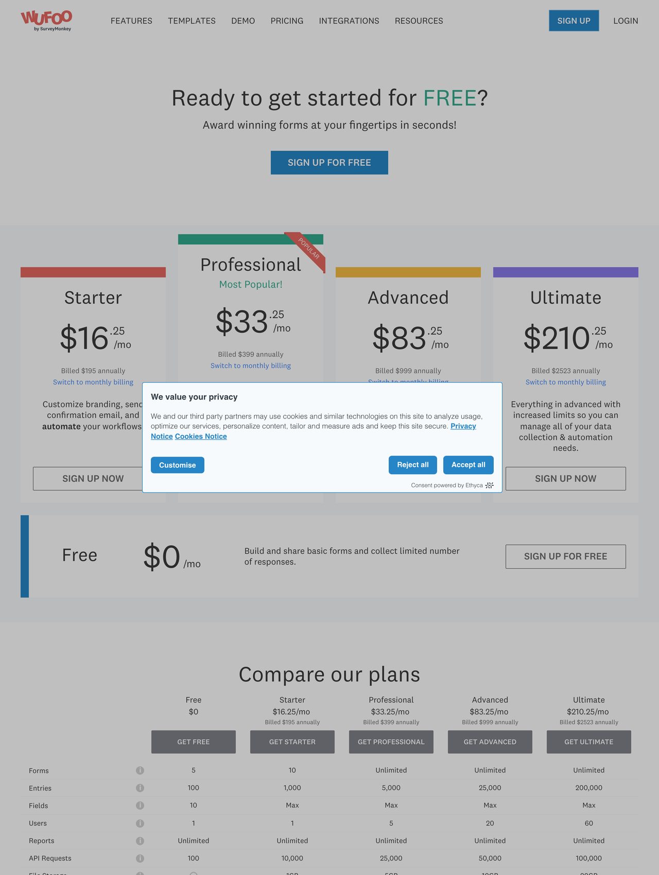 Wufoo pricing screenshot — free plan alongside Starter, Professional, and Advanced tiers