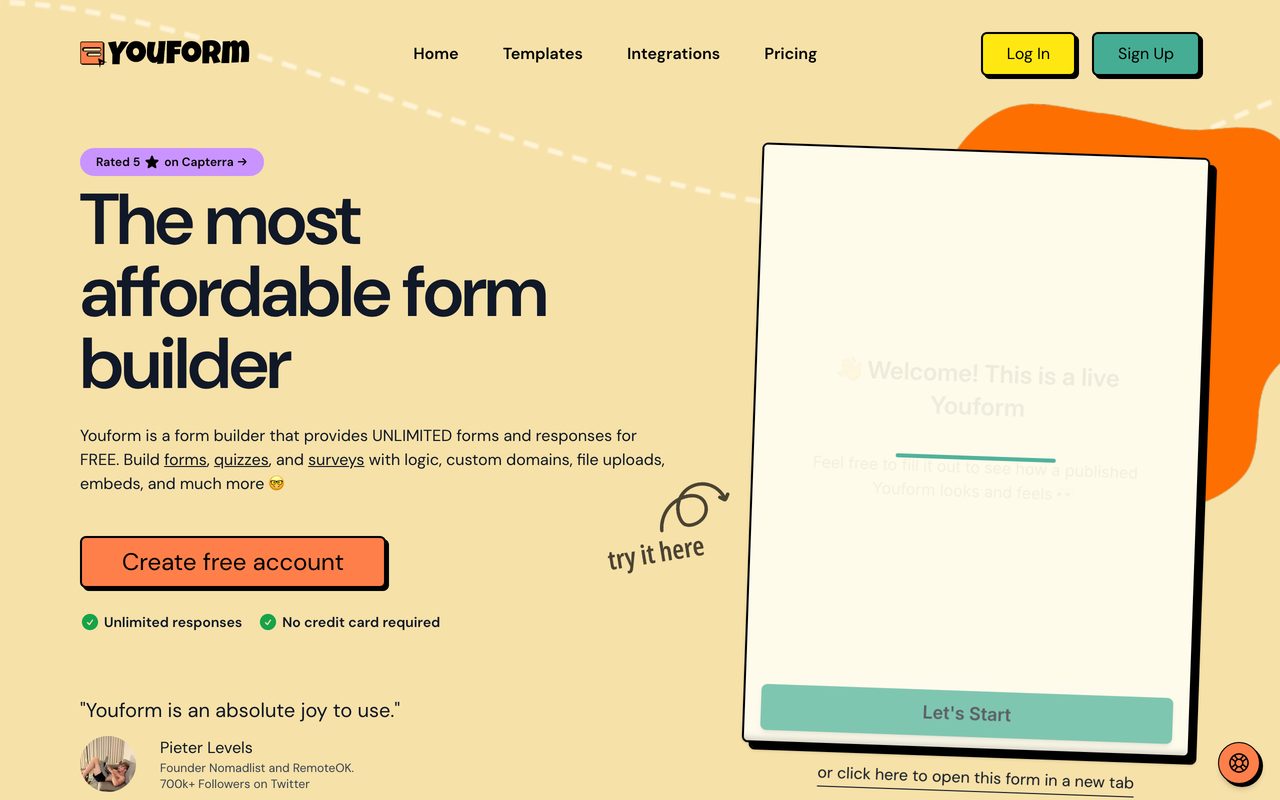 Youform builder screenshot — conversational one-question-at-a-time form editor