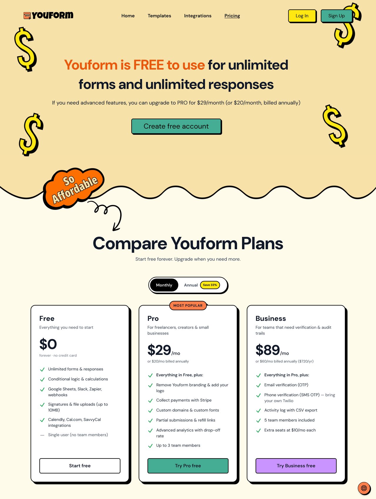 Youform pricing screenshot — free plan alongside the Pro tier