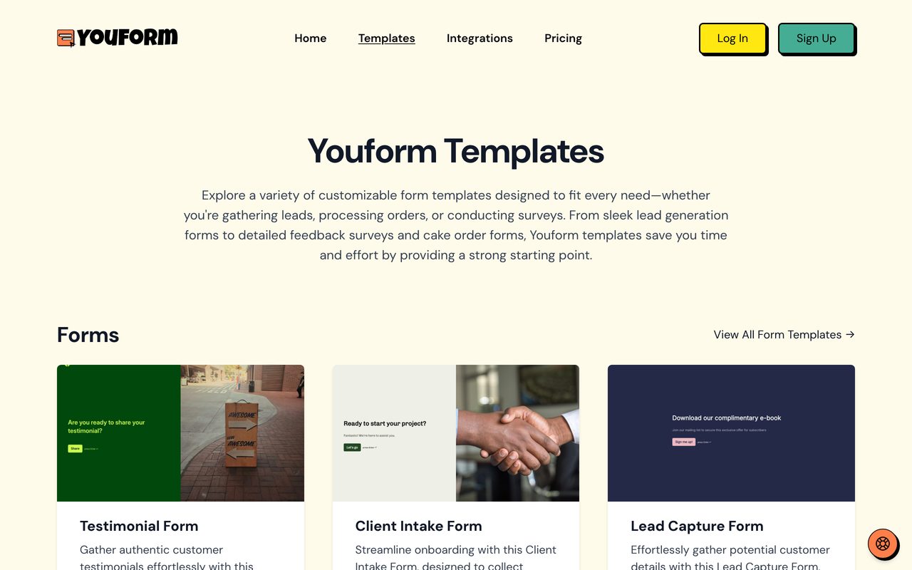 Youform product screenshot — template gallery and question-type picker