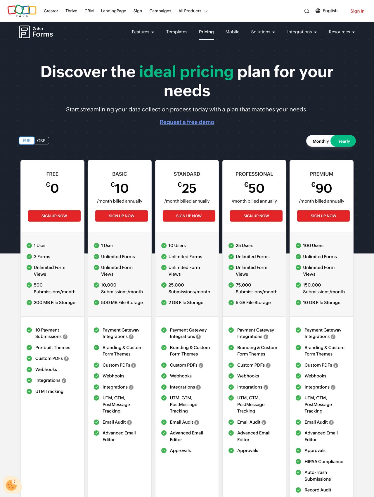 Zoho Forms pricing screenshot — free plan alongside Basic, Standard, and Professional tiers