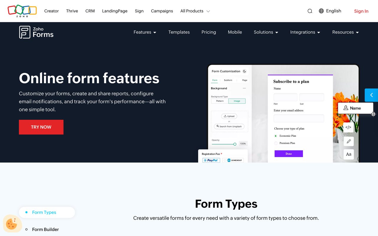 Zoho Forms product screenshot — native Zoho CRM integration mapping form fields to records